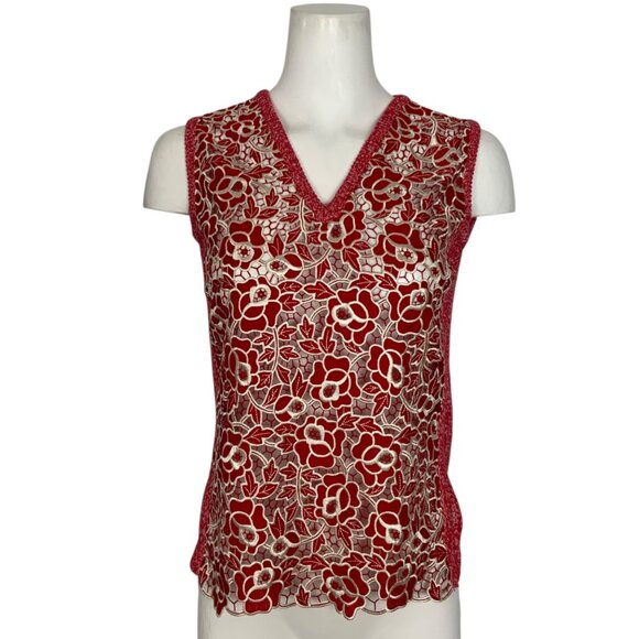 Marco De Vincenzo Sweater Tank 40 US/4 Red Crochet Lace Sleeveless V-Neck - Picture 1 of 13